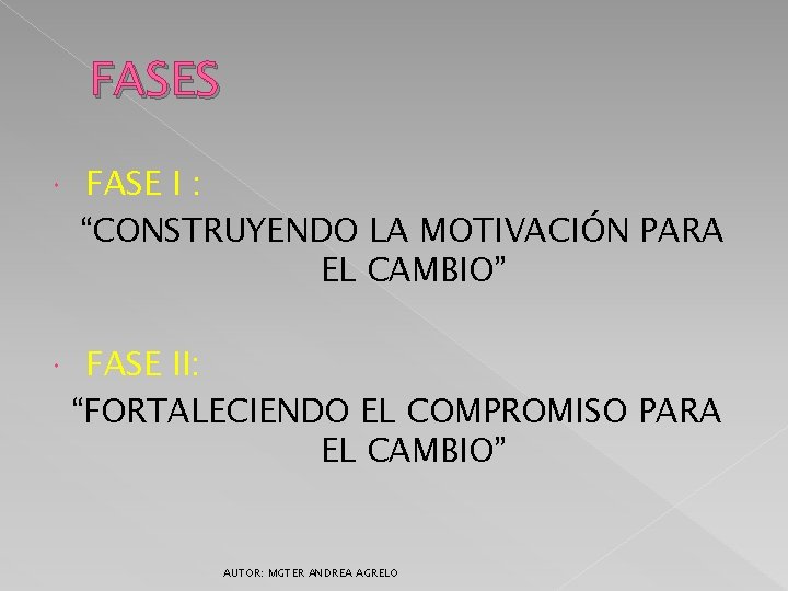 FASES FASE I : “CONSTRUYENDO LA MOTIVACIÓN PARA EL CAMBIO” FASE II: “FORTALECIENDO EL