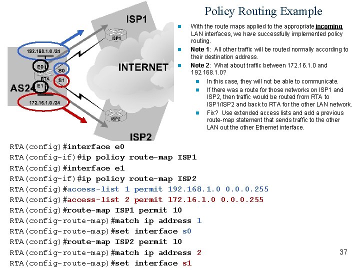 Policy Routing Example n n n With the route maps applied to the appropriate