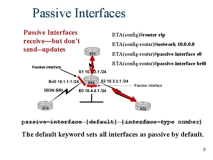 Passive Interfaces receive—but don’t send--updates Passive interface RTA(config)#router rip RTA(config-router)#network 10. 0 RTA(config-router)#passive-interface e