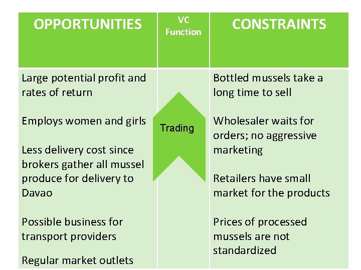 OPPORTUNITIES VC Function Large potential profit and rates of return Employs women and girls