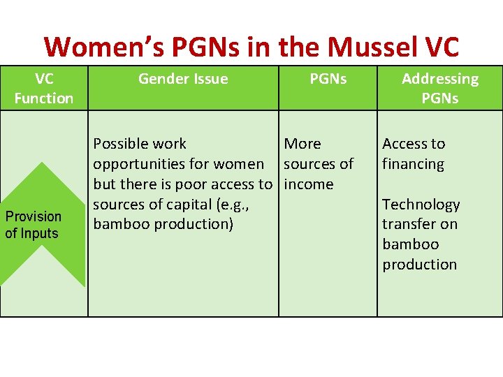 Women’s PGNs in the Mussel VC VC Function Provision of Inputs Gender Issue PGNs
