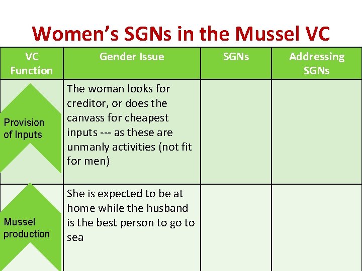 Women’s SGNs in the Mussel VC VC Function Provision of Inputs Mussel production Gender