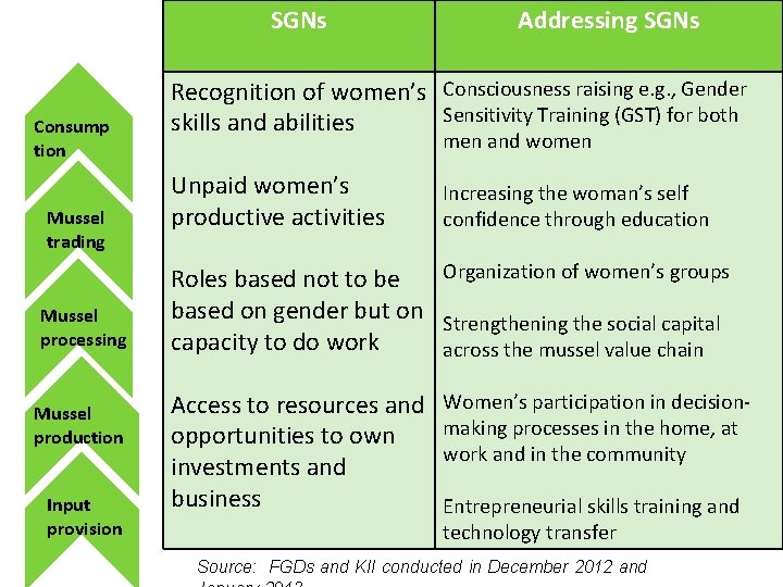 SGNs Consump tion Mussel trading Mussel processing Mussel production Input provision Addressing SGNs Recognition