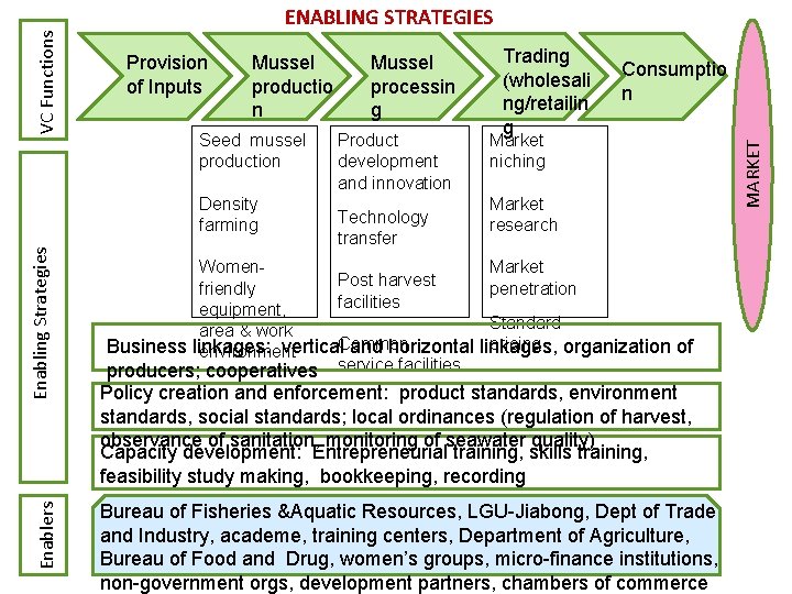 Provision of Inputs Mussel productio n Seed mussel production Enablers Enabling Strategies Density farming