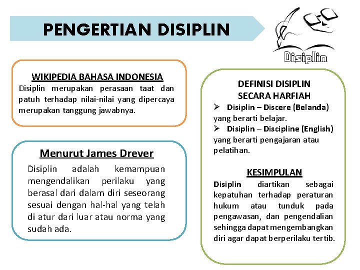 PENGERTIAN DISIPLIN WIKIPEDIA BAHASA INDONESIA Disiplin merupakan perasaan taat dan patuh terhadap nilai-nilai yang
