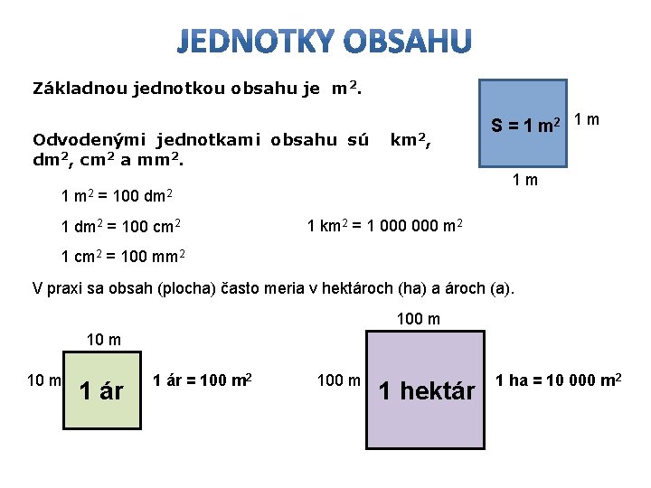 Základnou jednotkou obsahu je m 2. Odvodenými jednotkami obsahu sú dm 2, cm 2