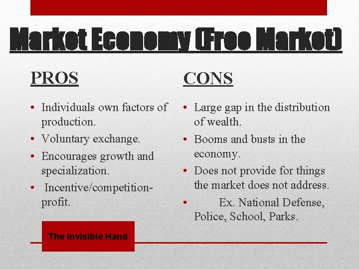 Market Economy (Free Market) PROS CONS • Individuals own factors of production. • Voluntary