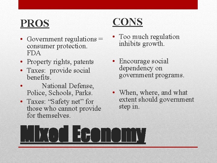 PROS CONS • Government regulations = consumer protection. FDA • Property rights, patents •