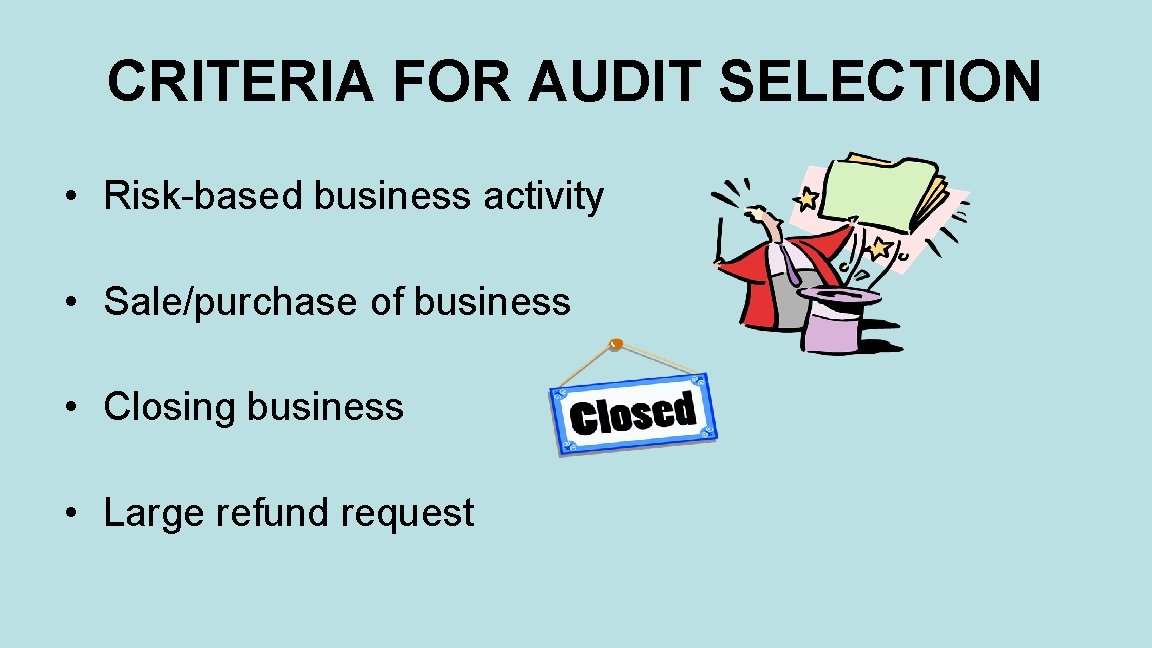 CRITERIA FOR AUDIT SELECTION • Risk-based business activity • Sale/purchase of business • Closing