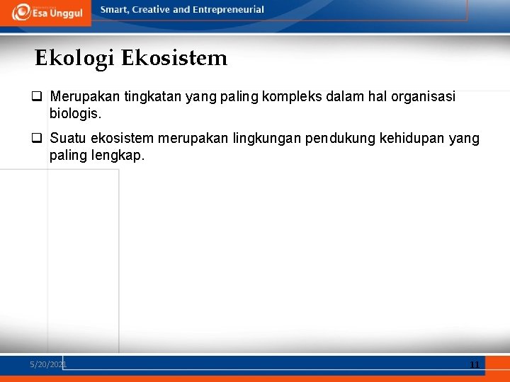 Ekologi Ekosistem q Merupakan tingkatan yang paling kompleks dalam hal organisasi biologis. q Suatu Ekologi Ekosistem q Merupakan tingkatan yang paling kompleks dalam hal organisasi biologis. q Suatu