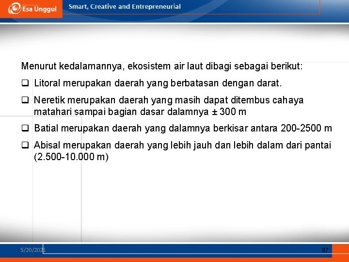 Menurut kedalamannya, ekosistem air laut dibagi sebagai berikut: q Litoral merupakan daerah yang berbatasan Menurut kedalamannya, ekosistem air laut dibagi sebagai berikut: q Litoral merupakan daerah yang berbatasan