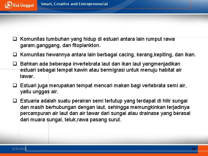 q Komunitas tumbuhan yang hidup di estuari antara lain rumput rawa garam, gang, dan q Komunitas tumbuhan yang hidup di estuari antara lain rumput rawa garam, gang, dan