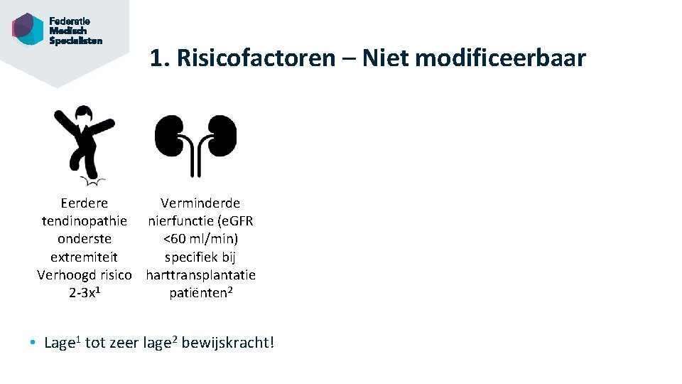 1. Risicofactoren – Niet modificeerbaar Eerdere Verminderde tendinopathie nierfunctie (e. GFR onderste <60 ml/min)