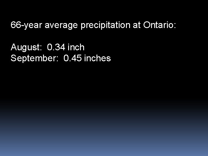 66 -year average precipitation at Ontario: August: 0. 34 inch September: 0. 45 inches