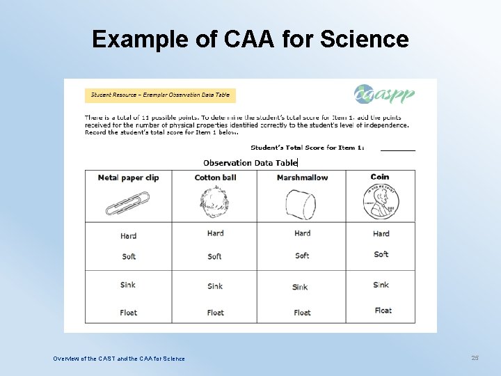 Example of CAA for Science Overview of the CAST and the CAA for Science