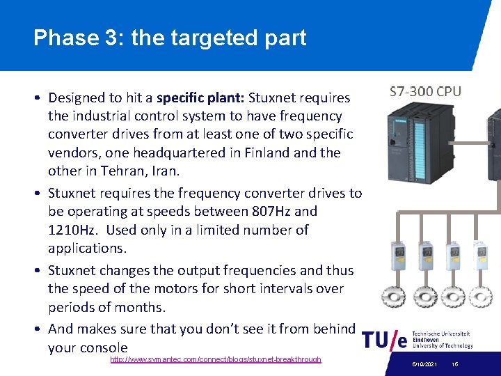 Phase 3: the targeted part • Designed to hit a specific plant: Stuxnet requires