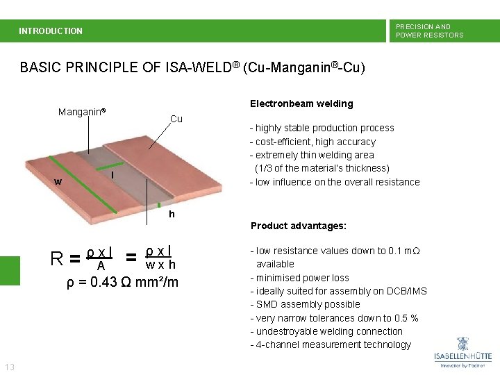 PRECISION AND POWER RESISTORS INTRODUCTION BASIC PRINCIPLE OF ISA-WELD® (Cu-Manganin®-Cu) ® Basis. Manganin Prinzipprinciple