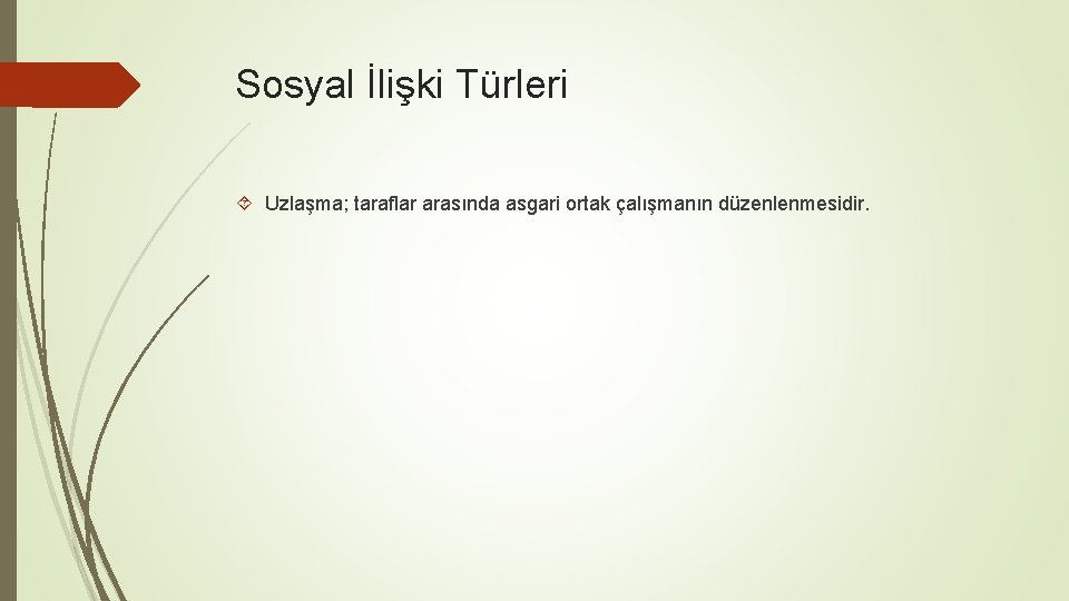 Sosyal İlişki Türleri Uzlaşma; taraflar arasında asgari ortak çalışmanın düzenlenmesidir. 