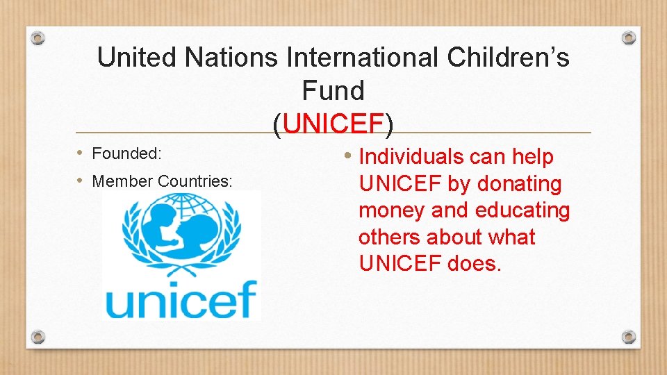 United Nations International Children’s Fund (UNICEF) • Founded: • Member Countries: • Individuals can