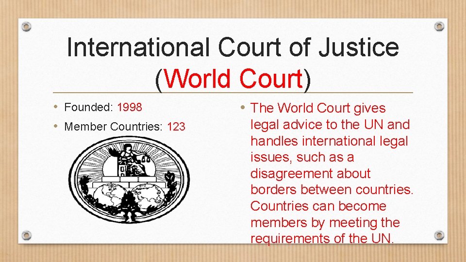 International Court of Justice (World Court) • Founded: 1998 • Member Countries: 123 •