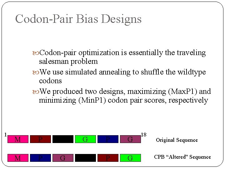 Codon-Pair Bias Designs Codon-pair optimization is essentially the traveling salesman problem We use simulated