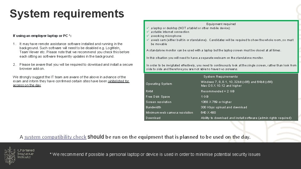 System requirements If using an employer laptop or PC *: 1. 2. ü ü