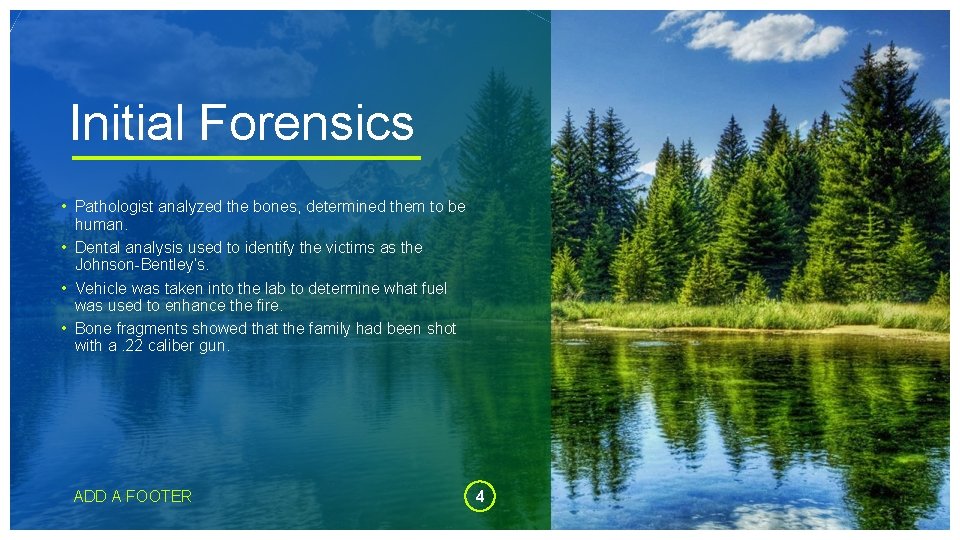 Initial Forensics • Pathologist analyzed the bones, determined them to be human. • Dental