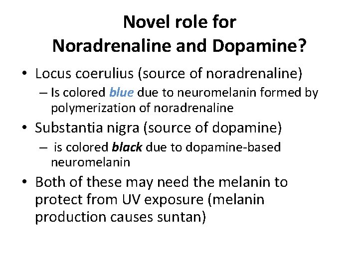 Novel role for Noradrenaline and Dopamine? • Locus coerulius (source of noradrenaline) – Is