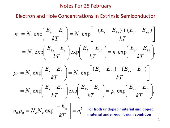 Notes For 25 February Electron and Hole Concentrations in Extrinsic Semiconductor For both undoped