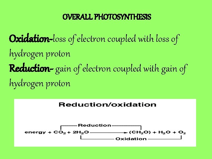 OVERALL PHOTOSYNTHESIS Oxidation-loss of electron coupled with loss of hydrogen proton Reduction- gain of