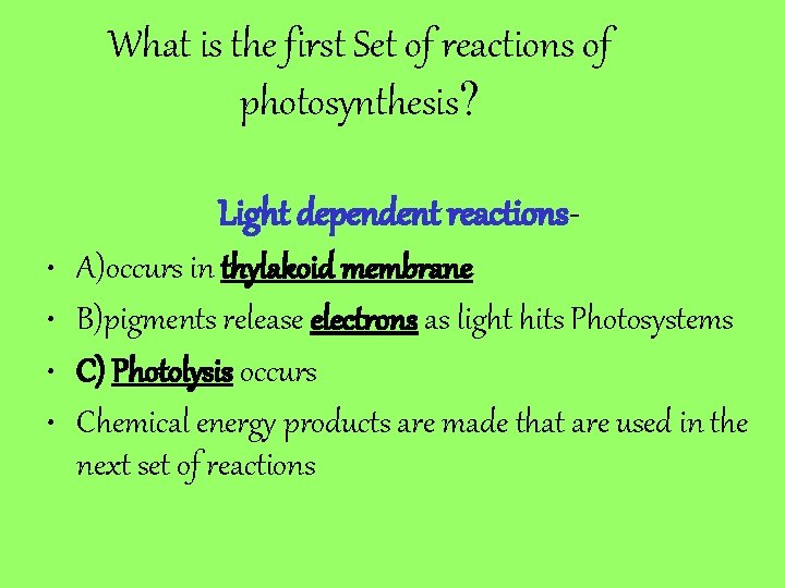 What is the first Set of reactions of photosynthesis? Light dependent reactions • •