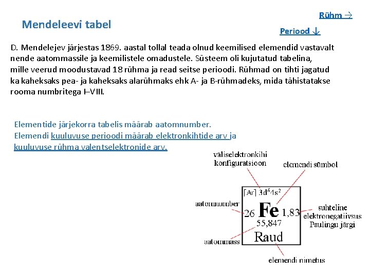 Mendeleevi tabel Rühm → Periood ↓ D. Mendelejev järjestas 1869. aastal tollal teada olnud