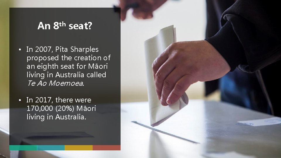 An 8 th seat? • In 2007, Pita Sharples proposed the creation of an