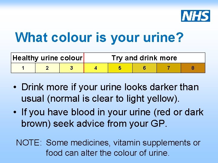 What colour is your urine? Healthy urine colour 1 2 3 Try and drink