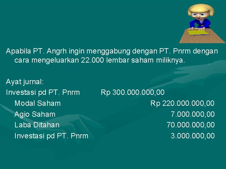 Apabila PT. Angrh ingin menggabung dengan PT. Pnrm dengan cara mengeluarkan 22. 000 lembar
