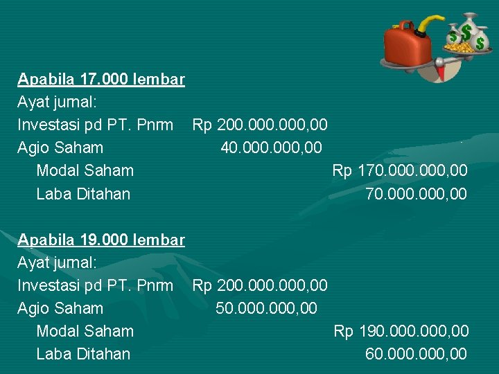 Apabila 17. 000 lembar Ayat jurnal: Investasi pd PT. Pnrm Rp 200. 000, 00