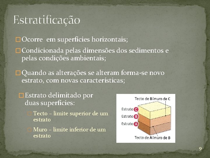 Estratificação � Ocorre em superfícies horizontais; � Condicionada pelas dimensões dos sedimentos e pelas