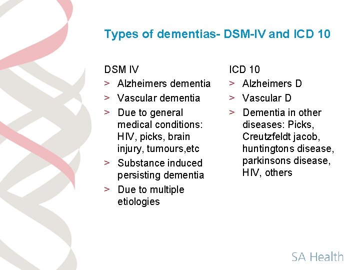 Types of dementias- DSM-IV and ICD 10 DSM IV > Alzheimers dementia > Vascular