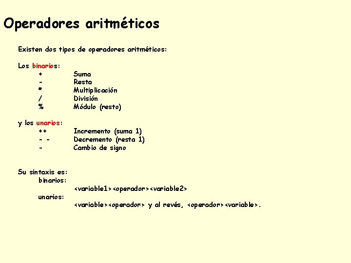 Operadores aritméticos Existen dos tipos de operadores aritméticos: Los binarios: + * / %