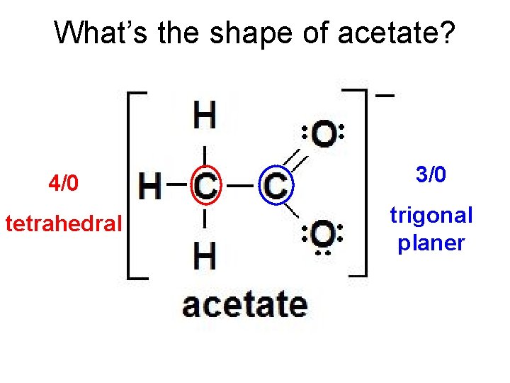 What’s the shape of acetate? 4/0 3/0 tetrahedral trigonal planer 