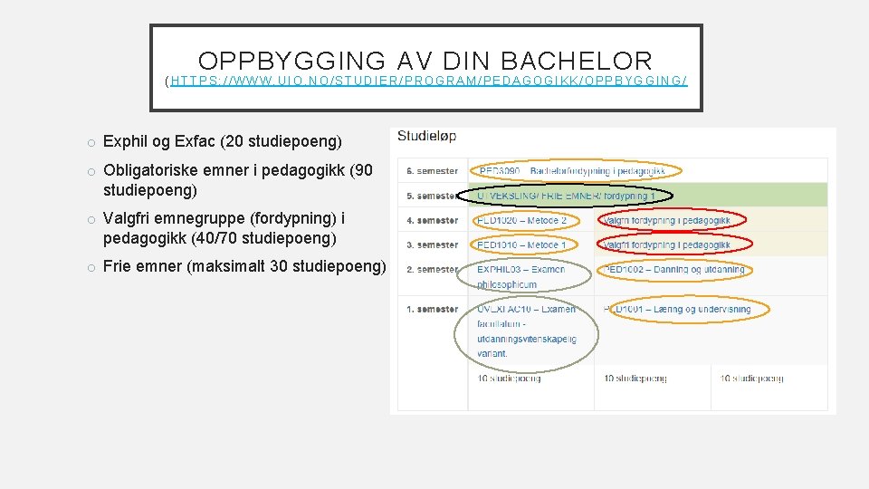 OPPBYGGING AV DIN BACHELOR (HTTPS: //WWW. UIO. NO/STUDIER/PROGRAM/PEDAGOGIKK/OPPBYGGING/ o Exphil og Exfac (20 studiepoeng)