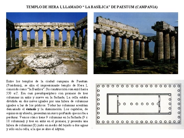 TEMPLO DE HERA I, LLAMADO “ LA BASÍLICA” DE PAESTUM (CAMPANIA) Entre los templos