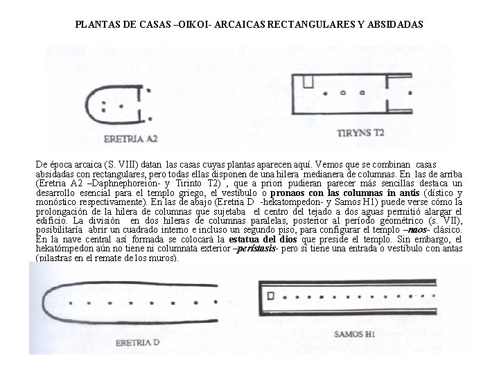 PLANTAS DE CASAS –OIKOI- ARCAICAS RECTANGULARES Y ABSIDADAS De época arcaica (S. VIII) datan