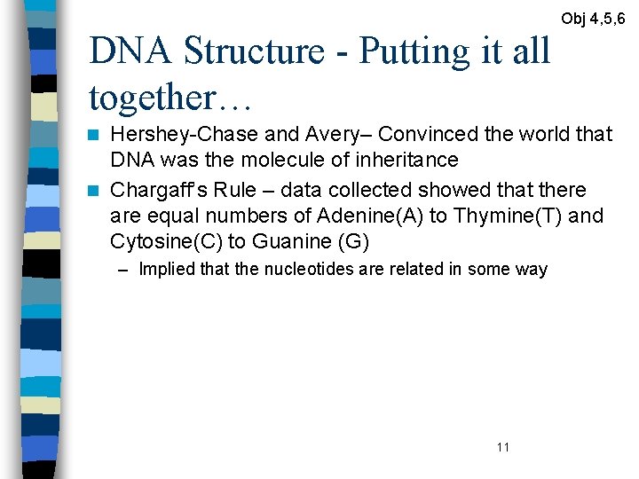 Obj 4, 5, 6 DNA Structure - Putting it all together… Hershey-Chase and Avery–
