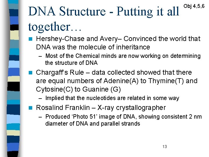 DNA Structure - Putting it all together… n Obj 4, 5, 6 Hershey-Chase and