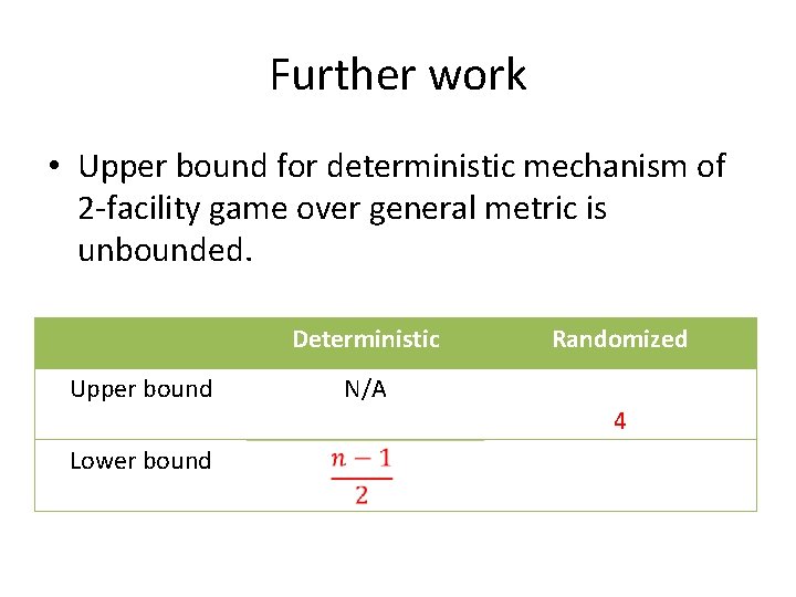 Further work • Upper bound for deterministic mechanism of 2 -facility game over general