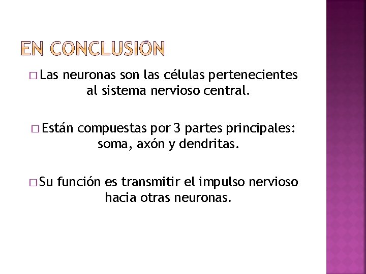 � Las neuronas son las células pertenecientes al sistema nervioso central. � Están �