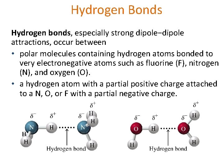 Hydrogen Bonds Hydrogen bonds, especially strong dipole−dipole attractions, occur between • polar molecules containing