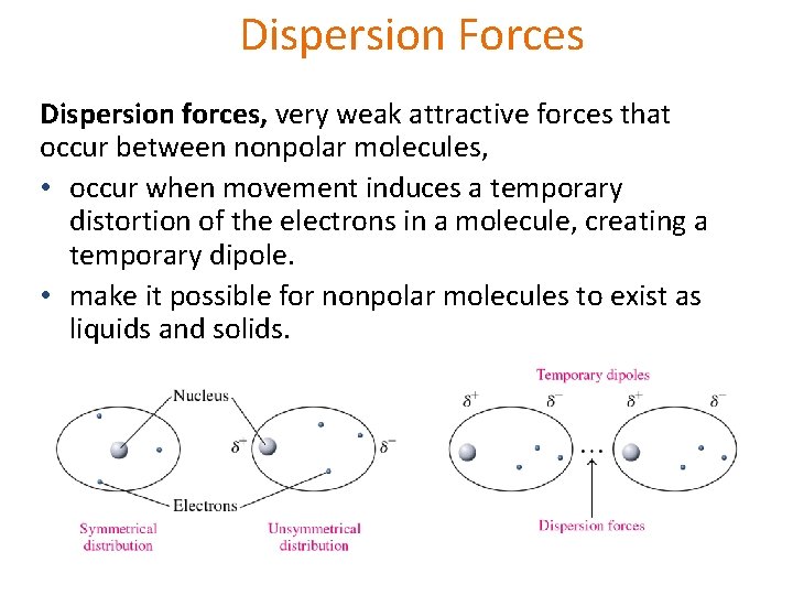 Dispersion Forces Dispersion forces, very weak attractive forces that occur between nonpolar molecules, •