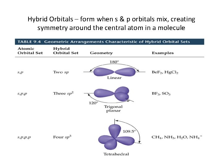 Hybrid Orbitals – form when s & p orbitals mix, creating symmetry around the